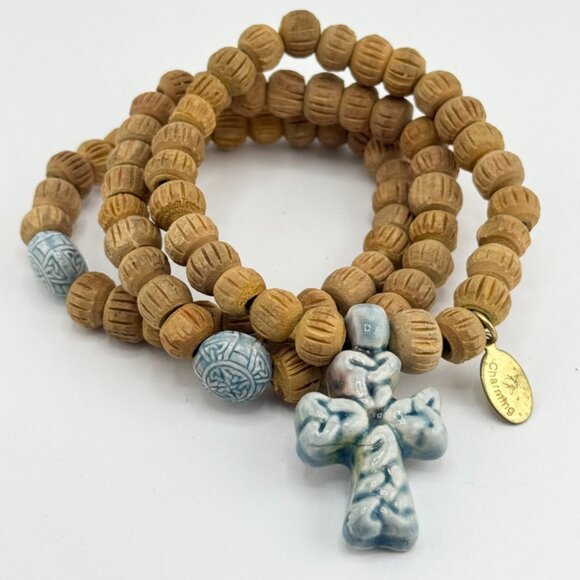 Vintage wood bead porcelain cross multi strand bracelet set - Picture 1 of 3
